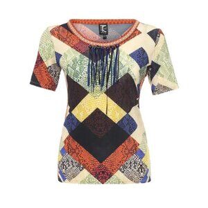 New Tricot Chic Made in Italy Tribal Print Fringe Top Blouse Large Short Sleeve
